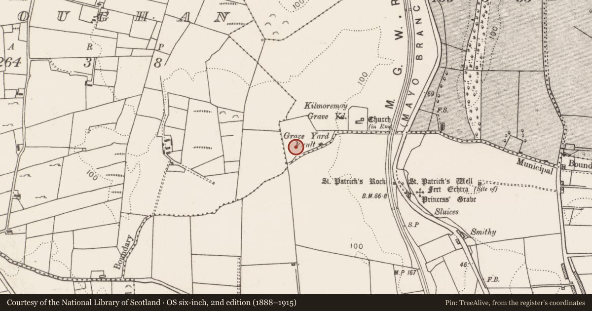 Ordnance Survey six-inch map, 2nd edition (1888–1915) covering the location of Cross-inscribed stone, Kilmoremoy, County Mayo, with a pin at the register's coordinates