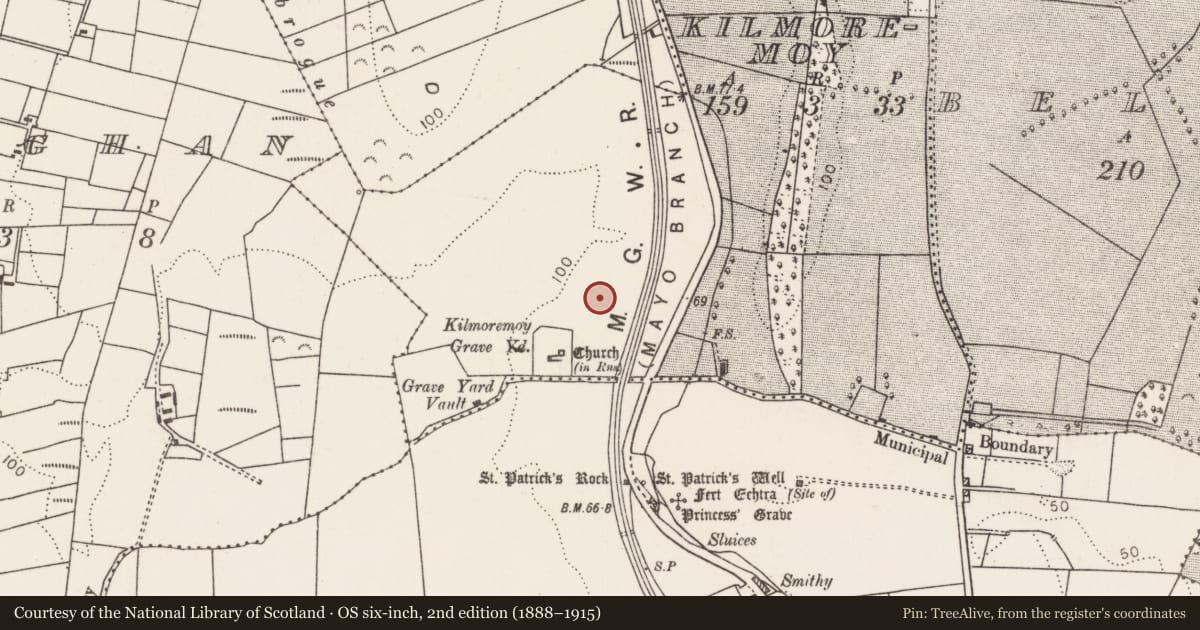 Ordnance Survey six-inch map, 2nd edition (1888–1915) covering the location of Excavation - miscellaneous, Kilmoremoy, County Mayo, with a pin at the register's coordinates
