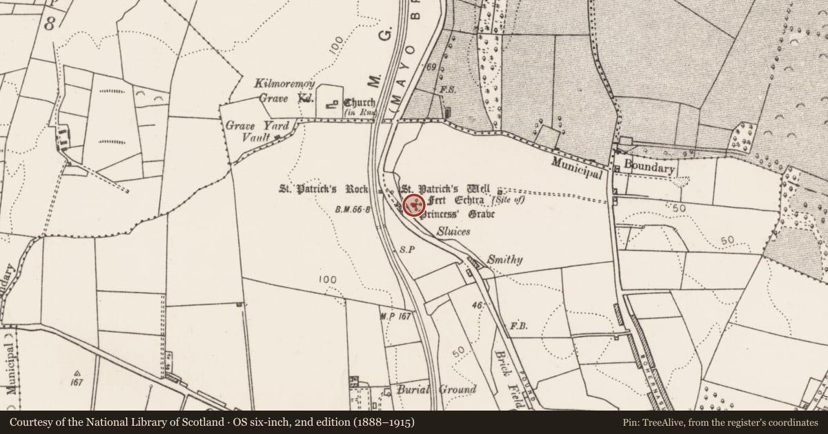 Ordnance Survey six-inch map, 2nd edition (1888–1915) covering the location of Megalithic tomb - unclassified, Ballina, County Mayo, with a pin at the register's coordinates