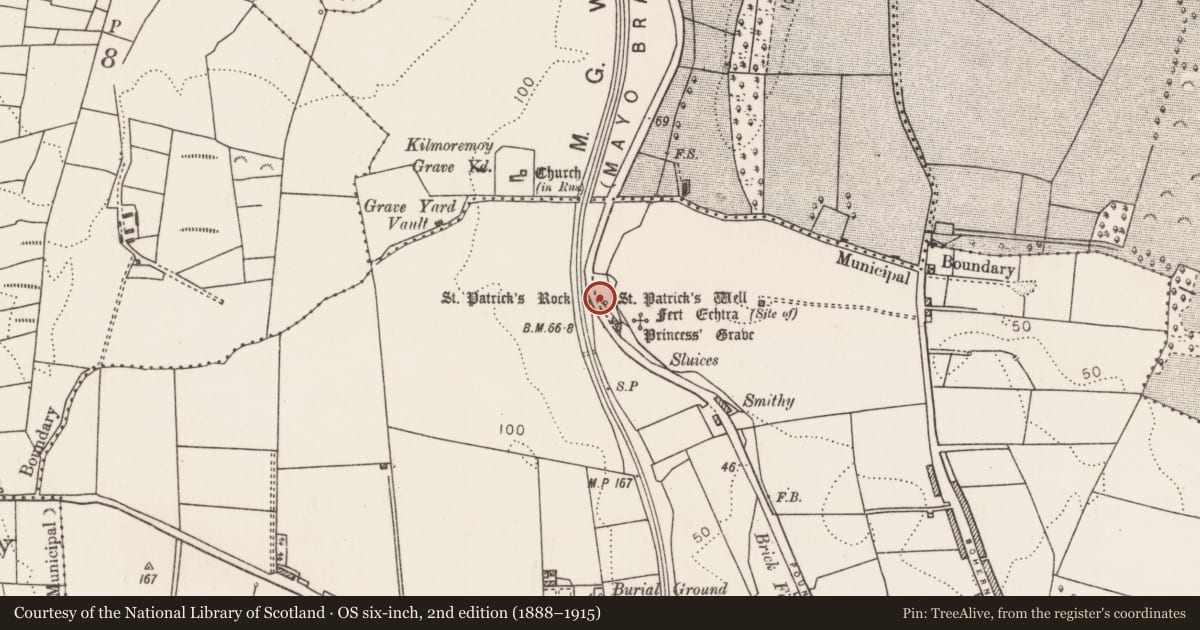Ordnance Survey six-inch map, 2nd edition (1888–1915) covering the location of Ritual site - holy well, Ballina, County Mayo, with a pin at the register's coordinates