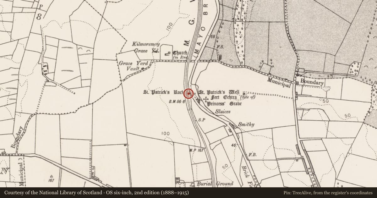 Ordnance Survey six-inch map, 2nd edition (1888–1915) covering the location of Ritual site - holy/saint's stone, Ballina, County Mayo, with a pin at the register's coordinates