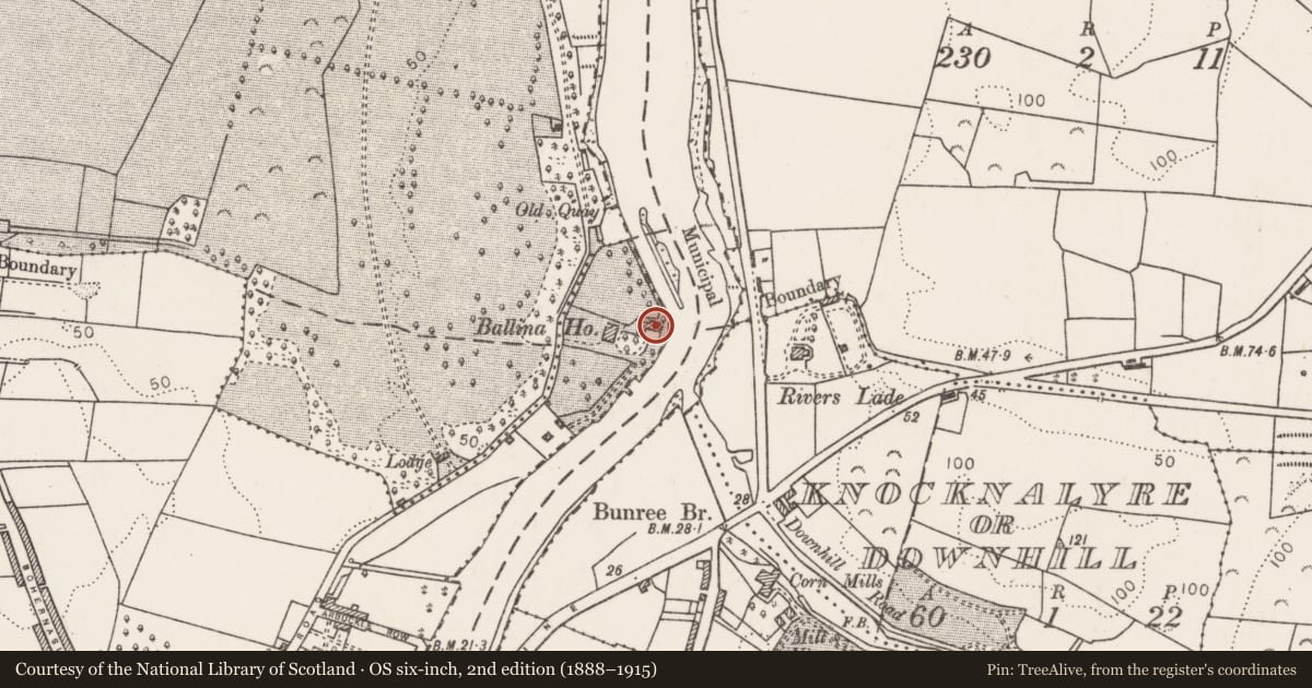 Ordnance Survey six-inch map, 2nd edition (1888–1915) covering the location of Castle - unclassified, Ballina, County Mayo, with a pin at the register's coordinates