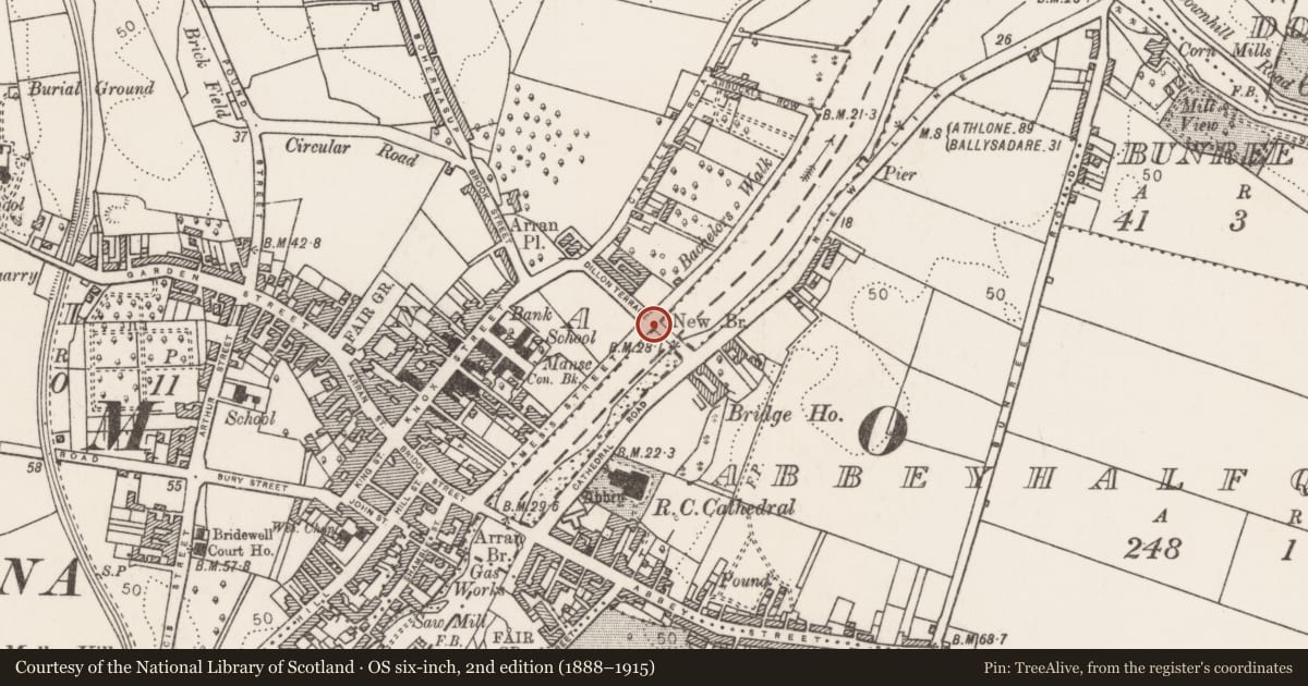 Ordnance Survey six-inch map, 2nd edition (1888–1915) covering the location of Gatehouse, Abbeyhalfquarter, Ballina, County Mayo, with a pin at the register's coordinates