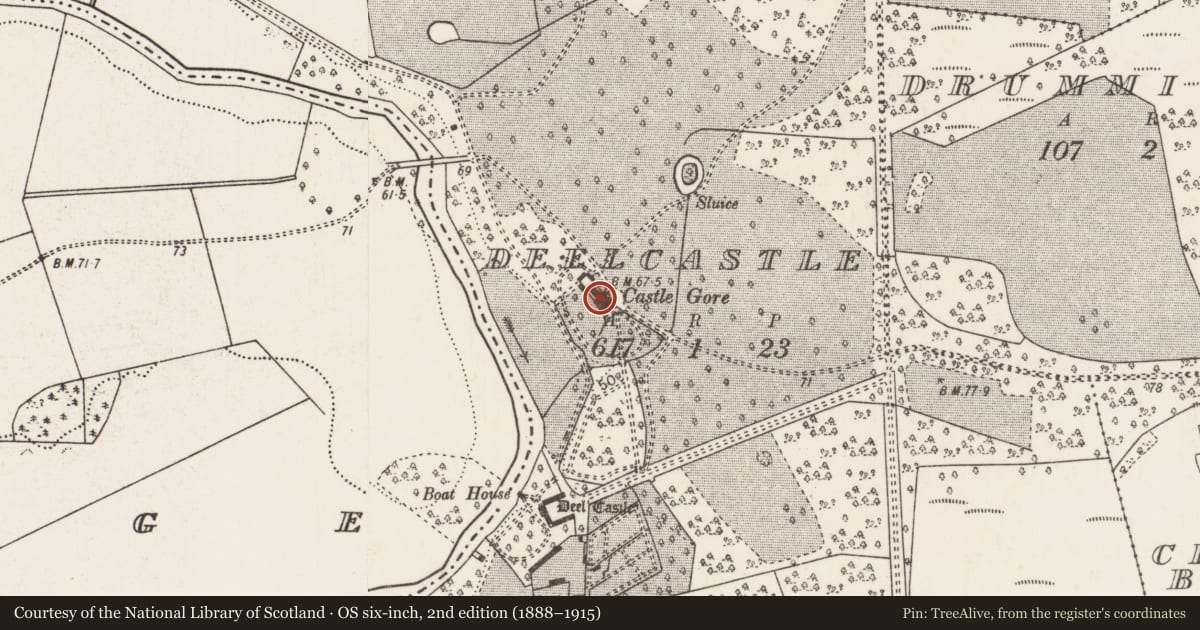Ordnance Survey six-inch map, 2nd edition (1888–1915) covering the location of Country house, Deelcastle, County Mayo, with a pin at the register's coordinates