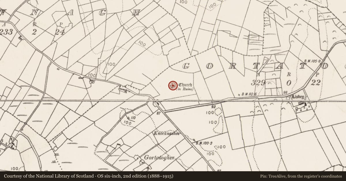 Ordnance Survey six-inch map, 2nd edition (1888–1915) covering the location of Church, Gortatogher, County Mayo, with a pin at the register's coordinates