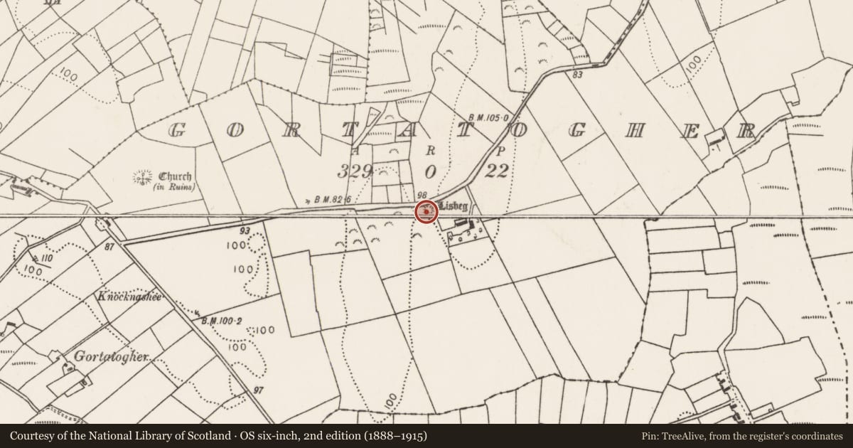 Ordnance Survey six-inch map, 2nd edition (1888–1915) covering the location of Mound, Gortatogher, County Mayo, with a pin at the register's coordinates