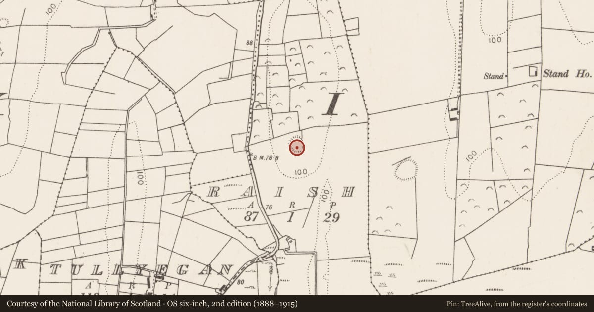 Ordnance Survey six-inch map, 2nd edition (1888–1915) covering the location of Ringfort - rath, Raish, County Mayo, with a pin at the register's coordinates