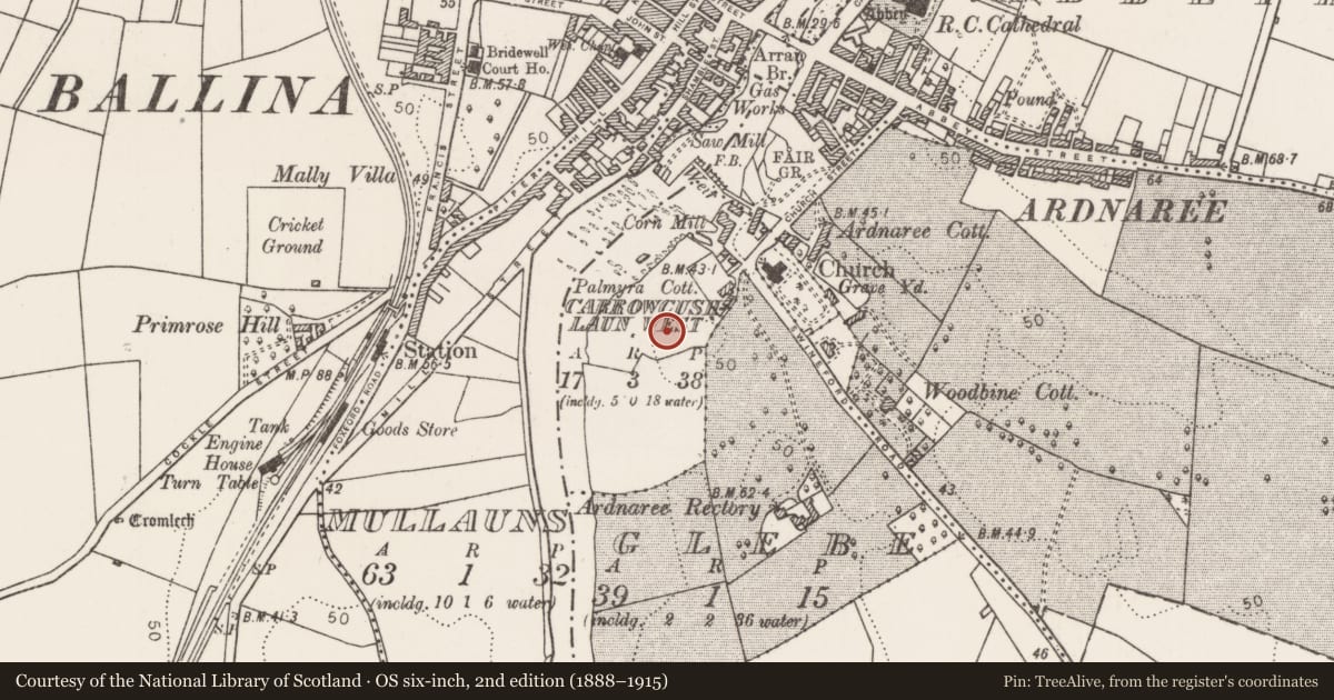 Ordnance Survey six-inch map, 2nd edition (1888–1915) covering the location of Castle - unclassified, Carrowcushlaun West, County Mayo, with a pin at the register's coordinates