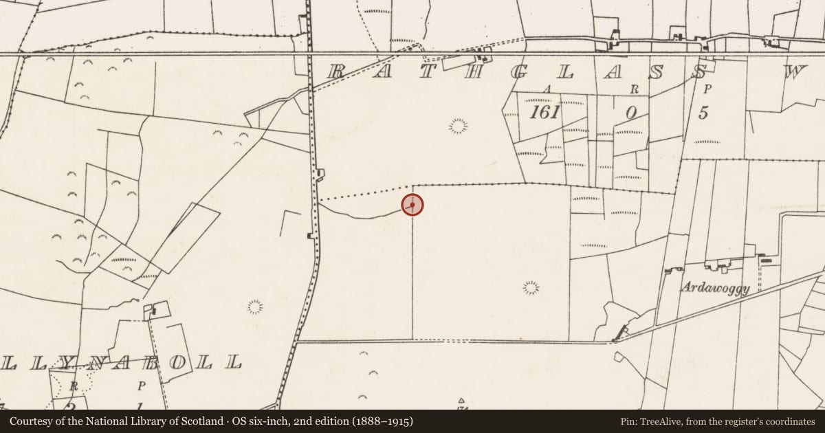Ordnance Survey six-inch map, 2nd edition (1888–1915) covering the location of Ritual site - holy well, Rathbal, County Mayo, with a pin at the register's coordinates