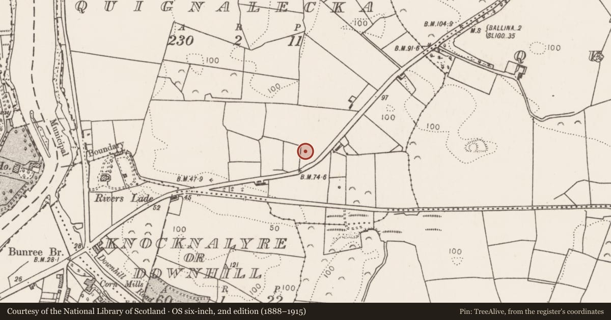 Ordnance Survey six-inch map, 2nd edition (1888–1915) covering the location of Barrow - mound barrow, Quignalecka, County Mayo, with a pin at the register's coordinates