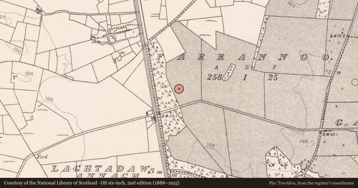 Ordnance Survey six-inch map, 2nd edition (1888–1915) covering the location of Fulacht fia, Farrannoo, County Mayo, with a pin at the register's coordinates