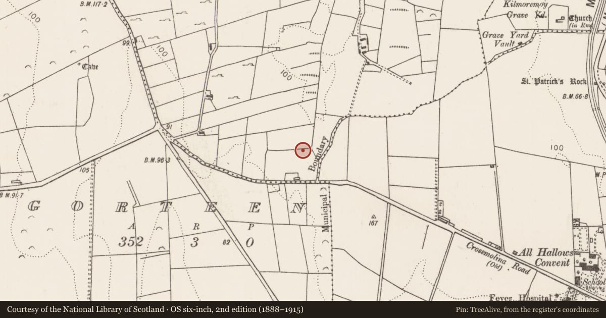 Ordnance Survey six-inch map, 2nd edition (1888–1915) covering the location of Fulacht fia, Ardoughan, County Mayo, with a pin at the register's coordinates