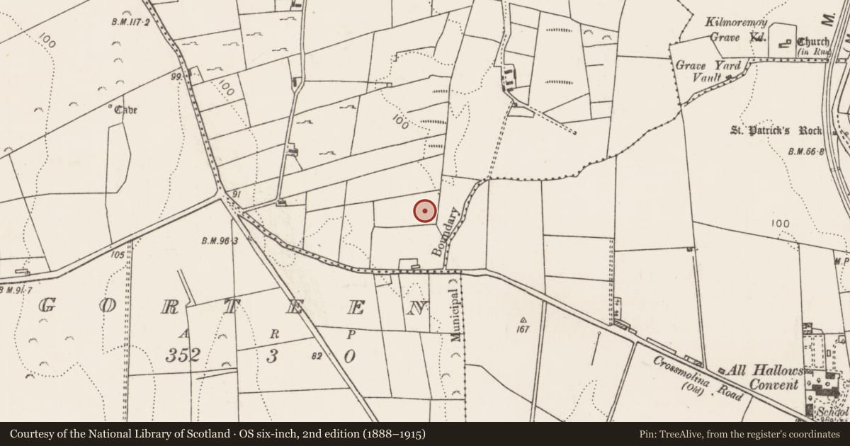 Ordnance Survey six-inch map, 2nd edition (1888–1915) covering the location of Fulacht fia, Ardoughan, County Mayo, with a pin at the register's coordinates