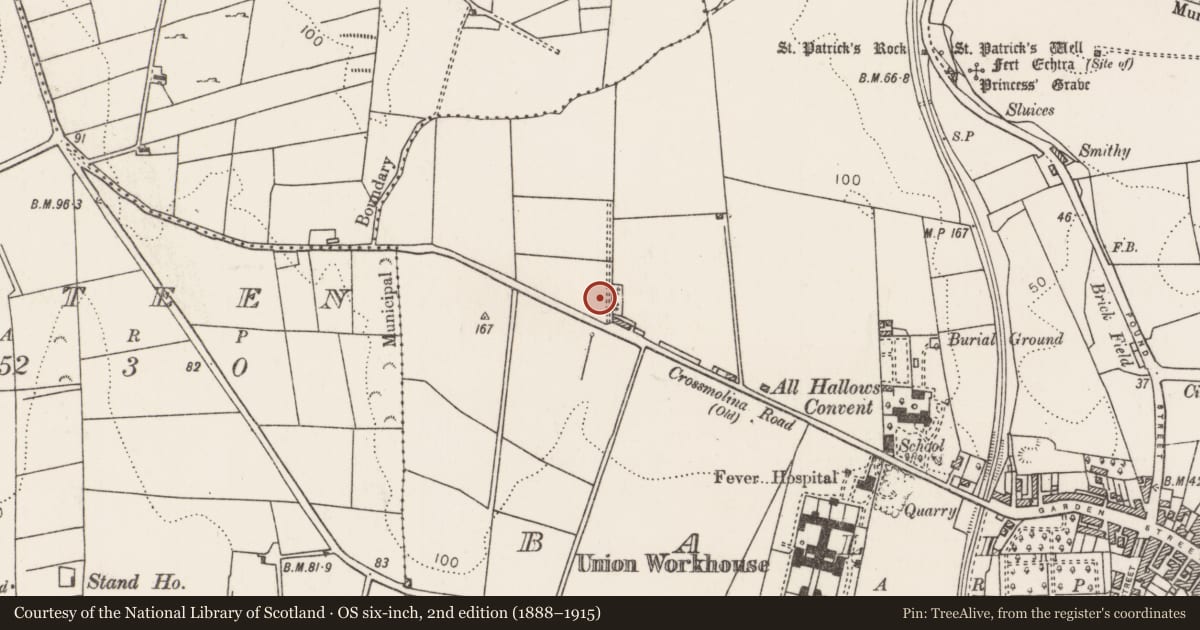 Ordnance Survey six-inch map, 2nd edition (1888–1915) covering the location of Fulacht fia, Ballina, County Mayo, with a pin at the register's coordinates