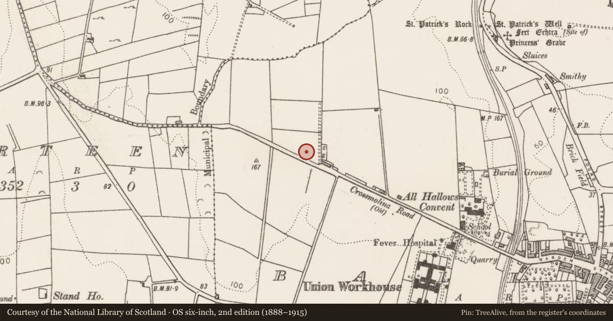 Ordnance Survey six-inch map, 2nd edition (1888–1915) covering the location of Fulacht fia, Ballina, County Mayo, with a pin at the register's coordinates