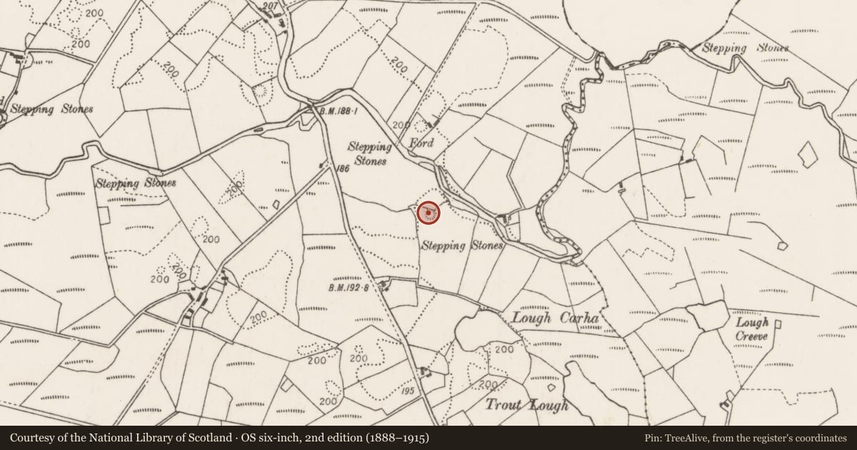 Ordnance Survey six-inch map, 2nd edition (1888–1915) covering the location of Enclosure, Carha, County Mayo, with a pin at the register's coordinates