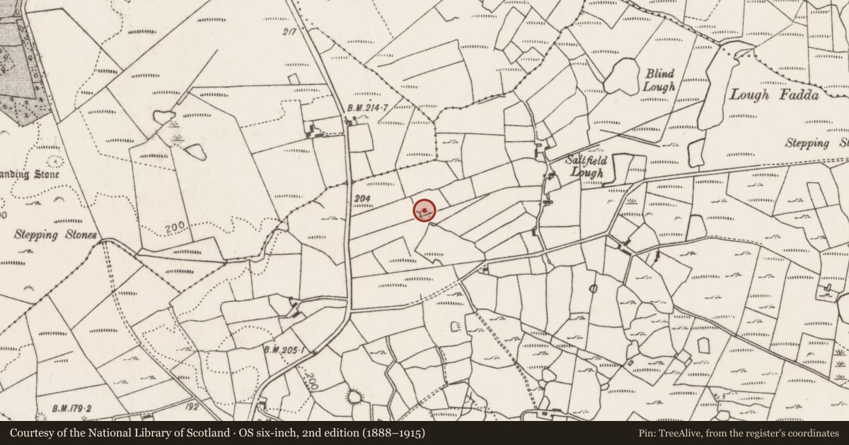 Ordnance Survey six-inch map, 2nd edition (1888–1915) covering the location of Ringfort - rath, Carrownaglogh, County Mayo, with a pin at the register's coordinates