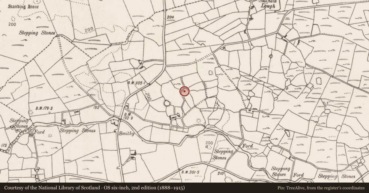 Ordnance Survey six-inch map, 2nd edition (1888–1915) covering the location of Enclosure, Carrownaglogh, County Mayo, with a pin at the register's coordinates