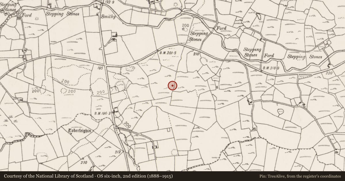 Ordnance Survey six-inch map, 2nd edition (1888–1915) covering the location of Enclosure, Carrownaglogh, County Mayo, with a pin at the register's coordinates