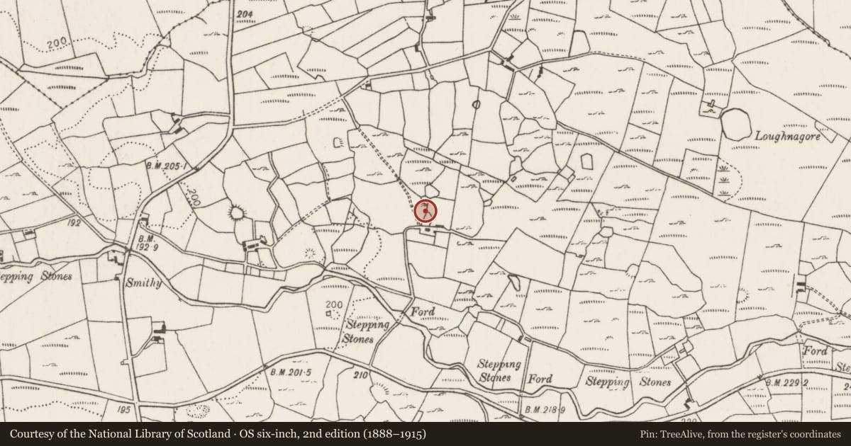 Ordnance Survey six-inch map, 2nd edition (1888–1915) covering the location of Enclosure, Carrownaglogh, County Mayo, with a pin at the register's coordinates