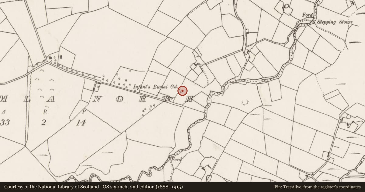 Ordnance Survey six-inch map, 2nd edition (1888–1915) covering the location of Children's burial ground, Corimla North, County Mayo, with a pin at the register's coordinates