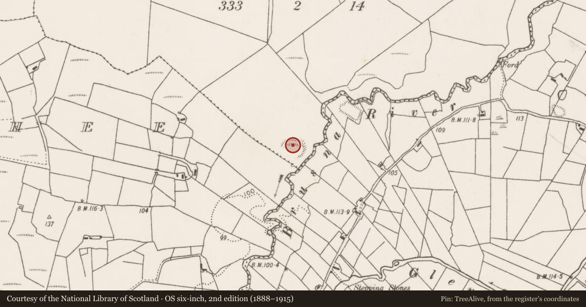 Ordnance Survey six-inch map, 2nd edition (1888–1915) covering the location of Enclosure, Corimla North, County Mayo, with a pin at the register's coordinates