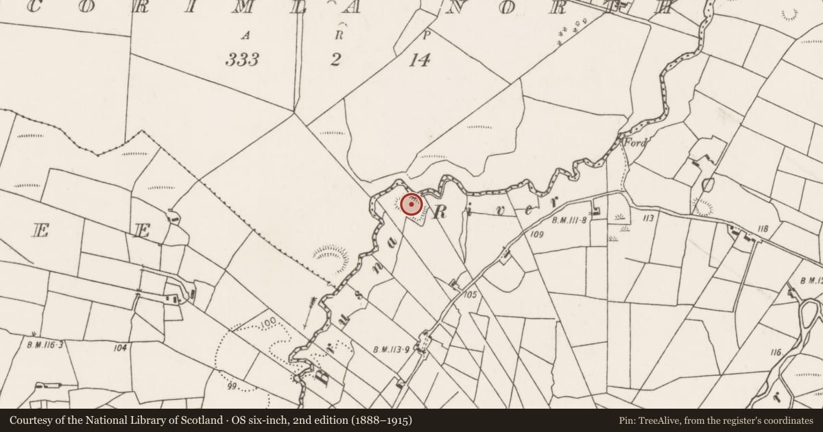 Ordnance Survey six-inch map, 2nd edition (1888–1915) covering the location of Moated site, Corimla South, County Mayo, with a pin at the register's coordinates