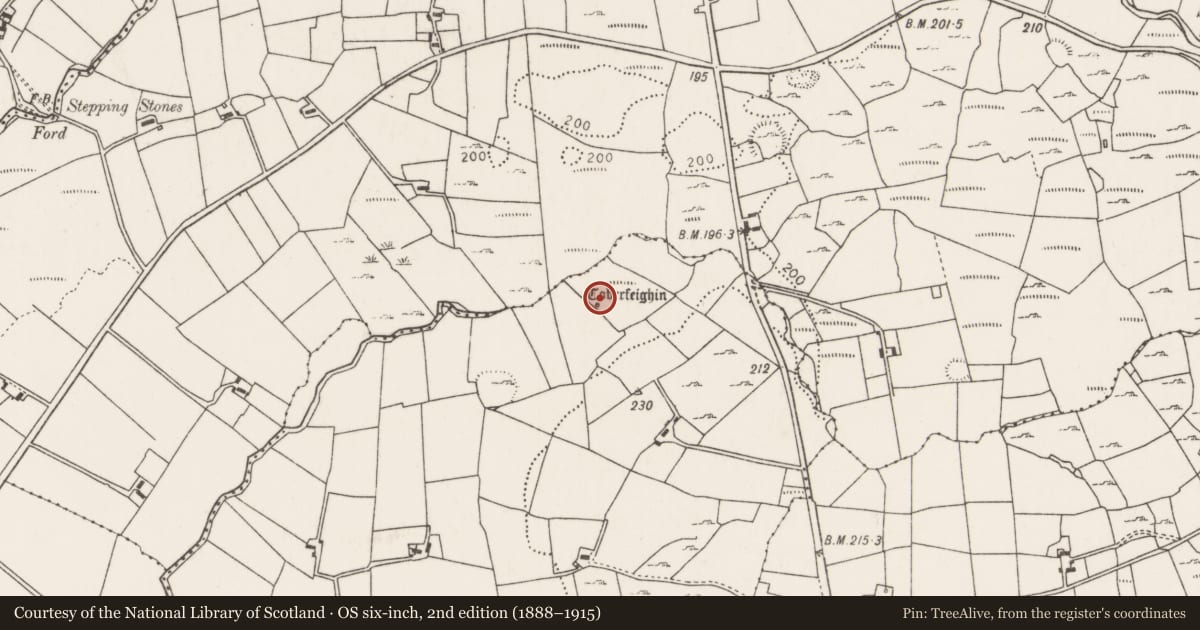 Ordnance Survey six-inch map, 2nd edition (1888–1915) covering the location of Penitential station, Rathreedaun, County Mayo, with a pin at the register's coordinates
