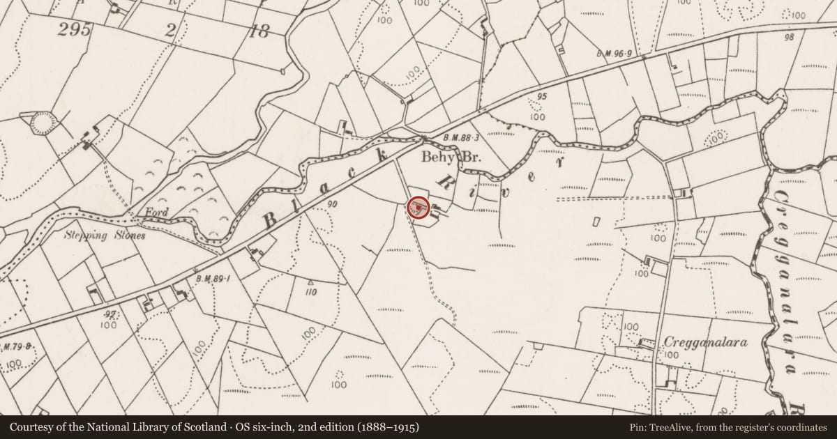 Ordnance Survey six-inch map, 2nd edition (1888–1915) covering the location of Enclosure, Behy Beg, County Mayo, with a pin at the register's coordinates