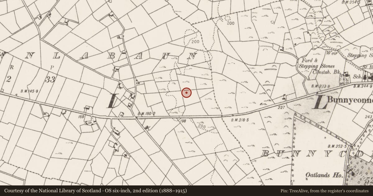 Ordnance Survey six-inch map, 2nd edition (1888–1915) covering the location of Enclosure, Carrownlabaun, County Mayo, with a pin at the register's coordinates