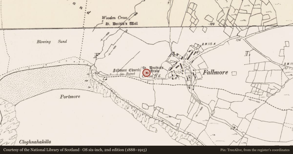 Ordnance Survey six-inch map, 2nd edition (1888–1915) covering the location of Church, An Fál Mór, County Mayo, with a pin at the register's coordinates
