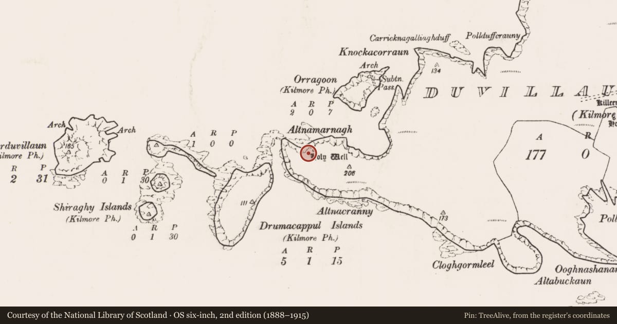 Ordnance Survey six-inch map, 2nd edition (1888–1915) covering the location of Ritual site - holy well, Dubhoileán Mór, County Mayo, with a pin at the register's coordinates