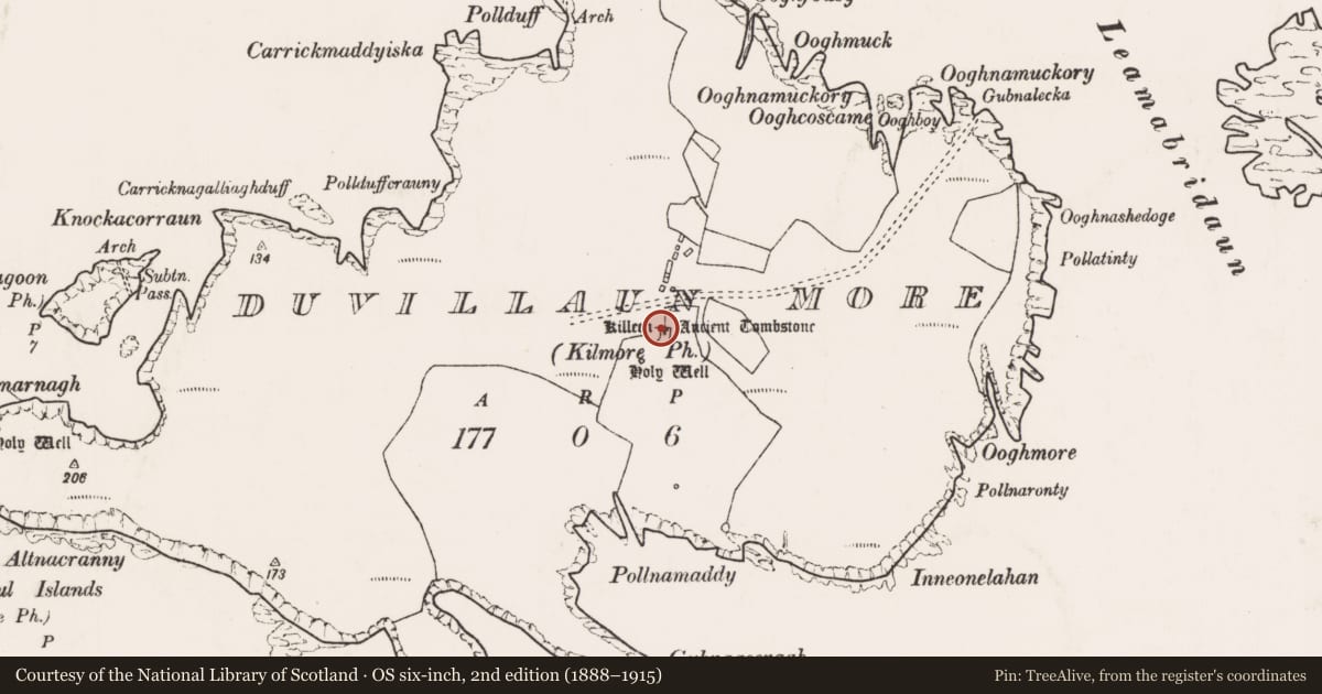 Ordnance Survey six-inch map, 2nd edition (1888–1915) covering the location of Church, Dubhoileán Mór, County Mayo, with a pin at the register's coordinates