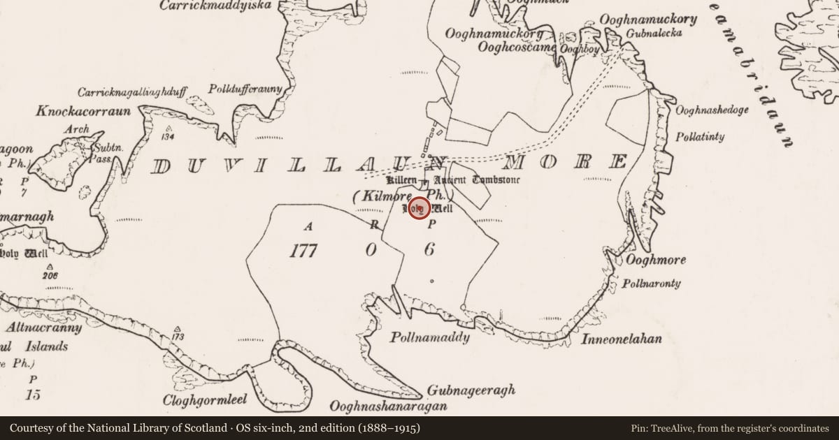 Ordnance Survey six-inch map, 2nd edition (1888–1915) covering the location of Clochan, Dubhoileán Mór, County Mayo, with a pin at the register's coordinates