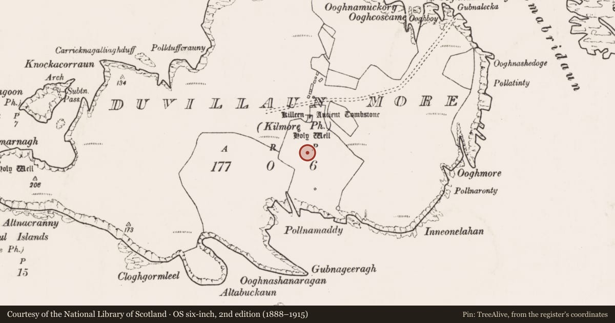 Ordnance Survey six-inch map, 2nd edition (1888–1915) covering the location of Clochan, Dubhoileán Mór, County Mayo, with a pin at the register's coordinates