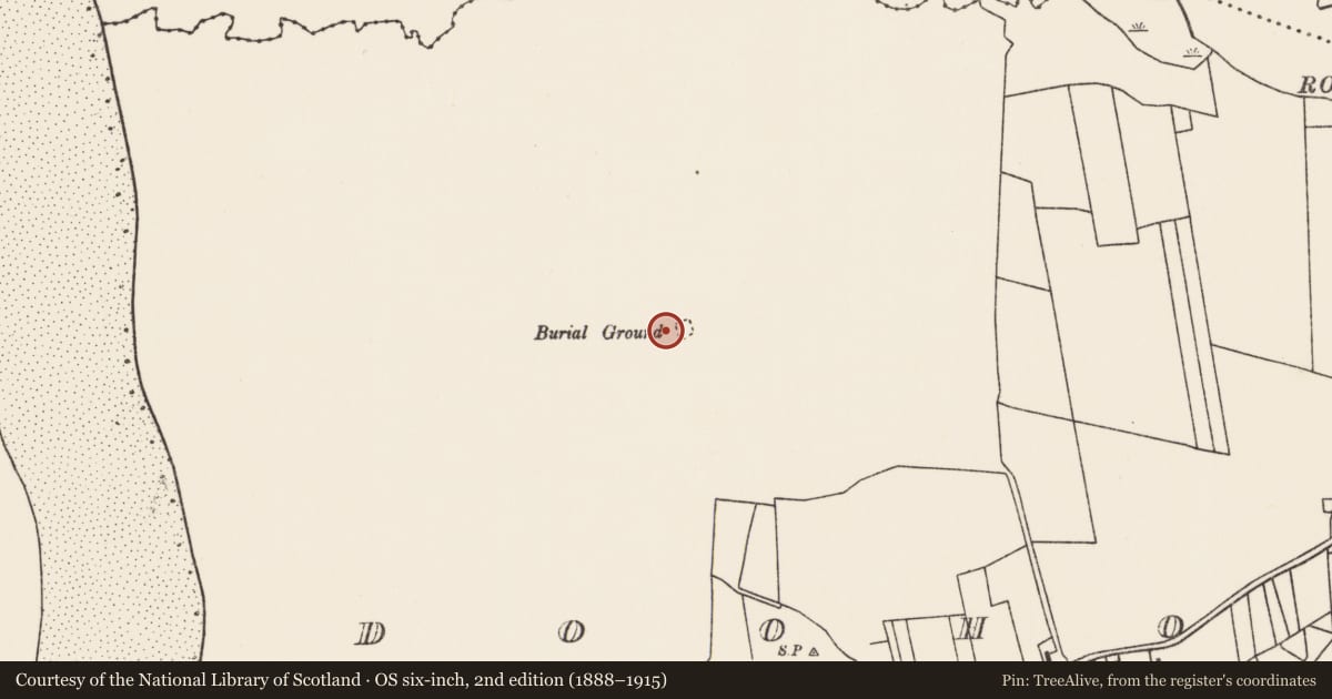 Ordnance Survey six-inch map, 2nd edition (1888–1915) covering the location of Children's burial ground, Dumha Thuama, County Mayo, with a pin at the register's coordinates