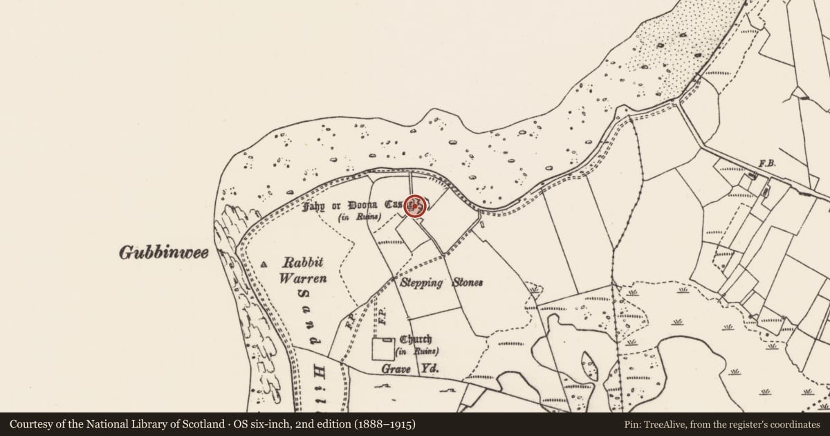 Ordnance Survey six-inch map, 2nd edition (1888–1915) covering the location of Earthwork, Fahy, County Mayo, with a pin at the register's coordinates