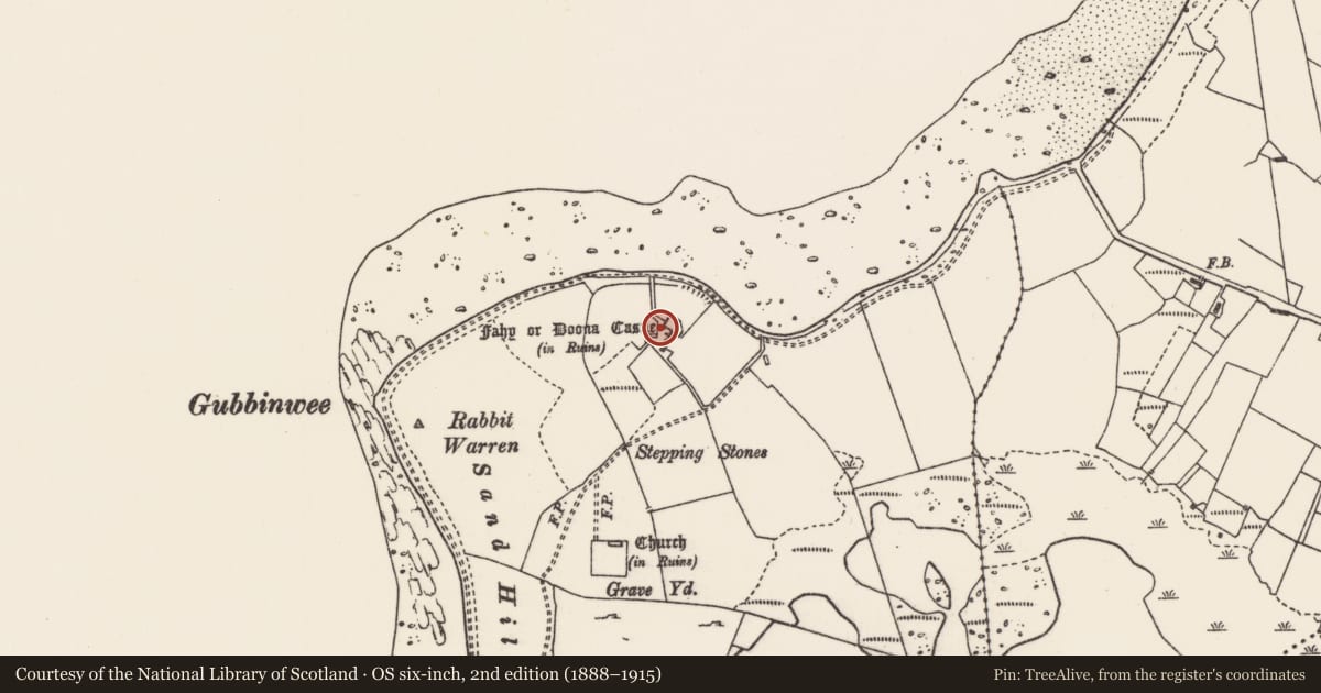 Ordnance Survey six-inch map, 2nd edition (1888–1915) covering the location of House - fortified house, Fahy, County Mayo, with a pin at the register's coordinates