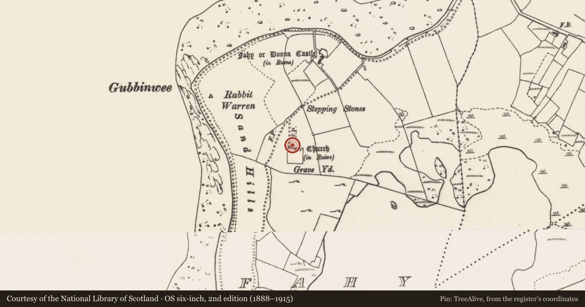 Ordnance Survey six-inch map, 2nd edition (1888–1915) covering the location of Church, Fahy, County Mayo, with a pin at the register's coordinates