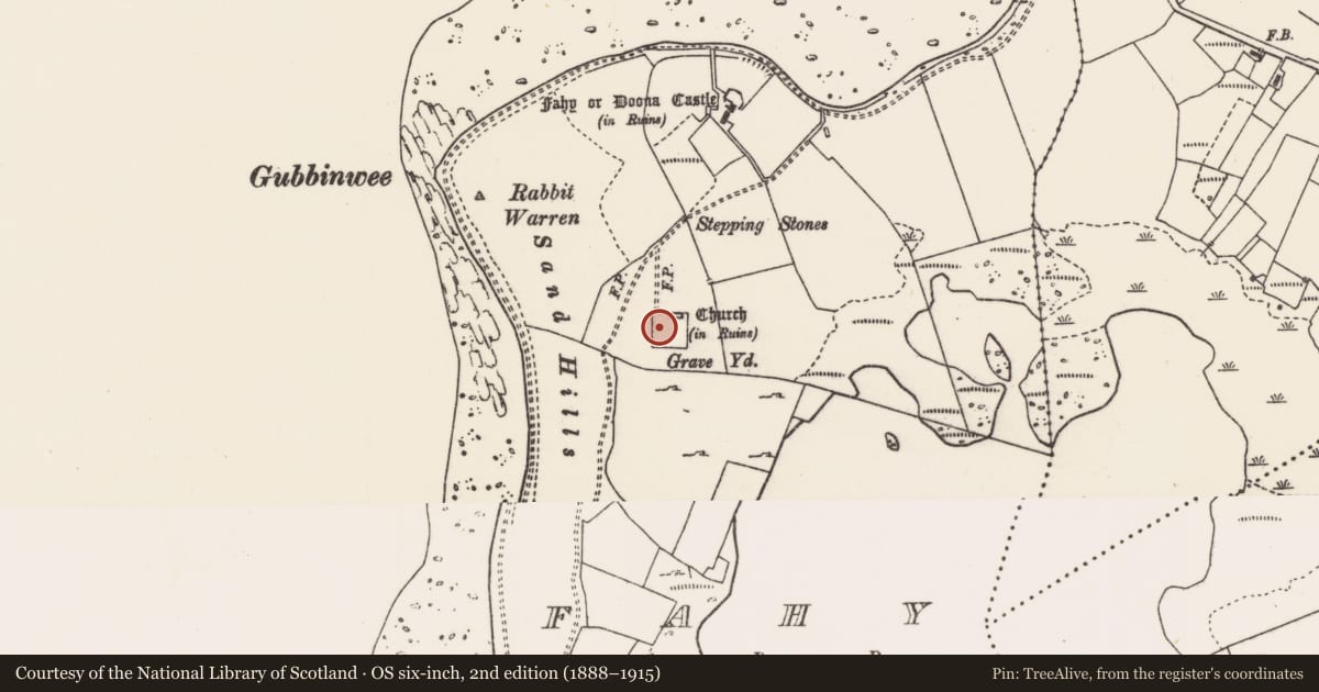 Ordnance Survey six-inch map, 2nd edition (1888–1915) covering the location of Graveyard, Fahy, County Mayo, with a pin at the register's coordinates
