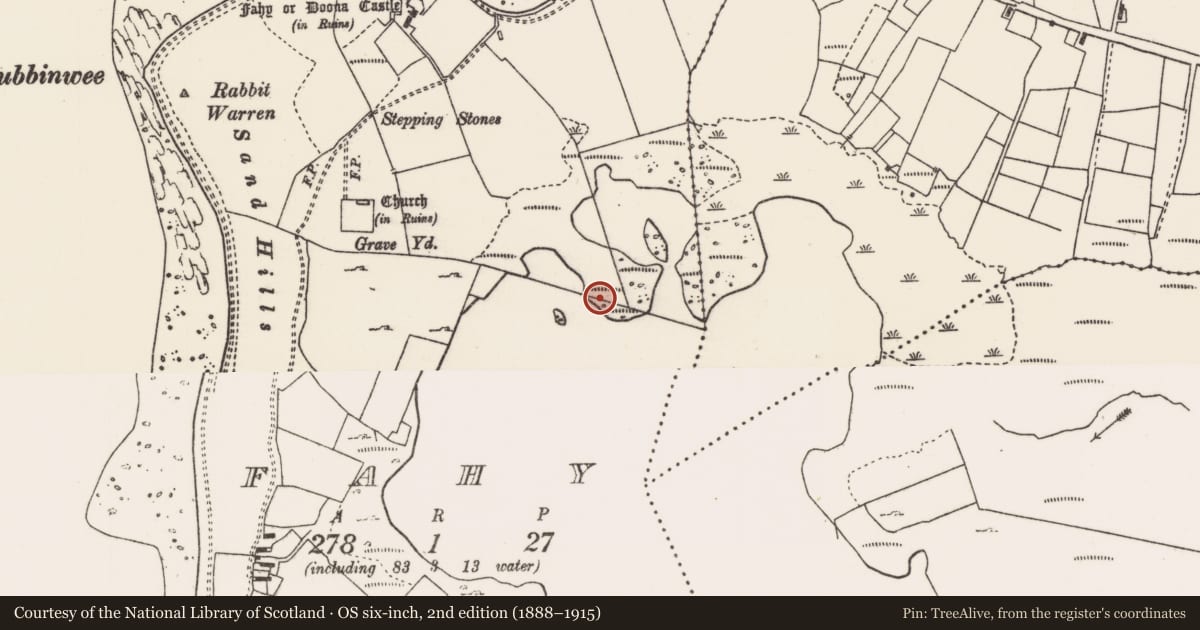 Ordnance Survey six-inch map, 2nd edition (1888–1915) covering the location of Crannog, Fahy, County Mayo, with a pin at the register's coordinates