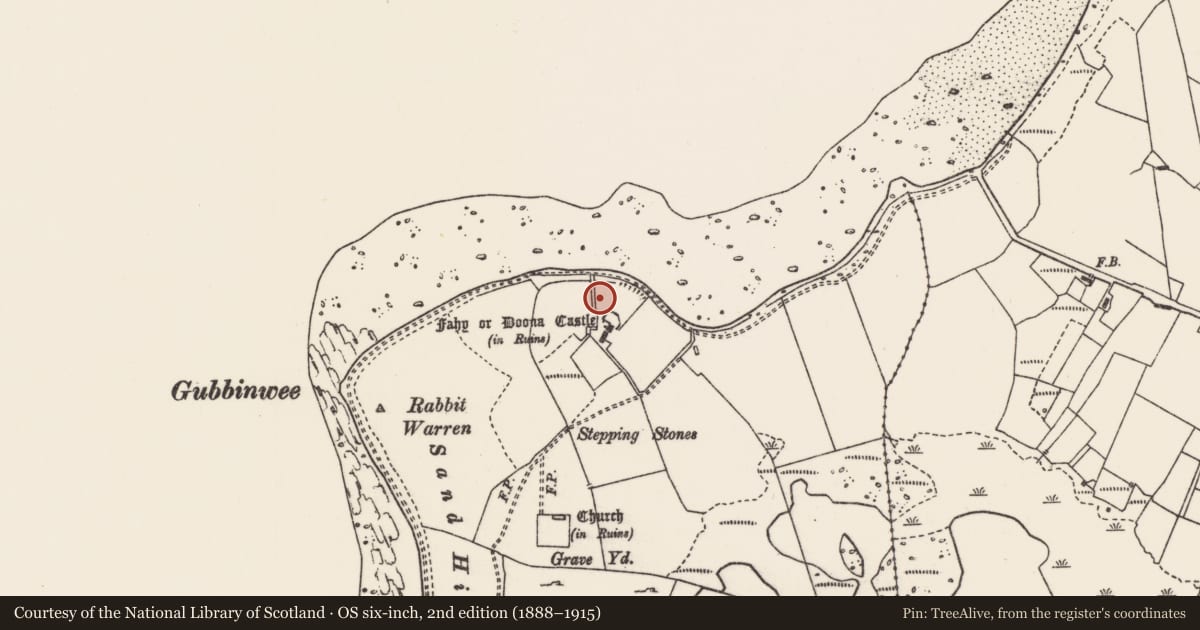 Ordnance Survey six-inch map, 2nd edition (1888–1915) covering the location of Midden, Fahy, County Mayo, with a pin at the register's coordinates