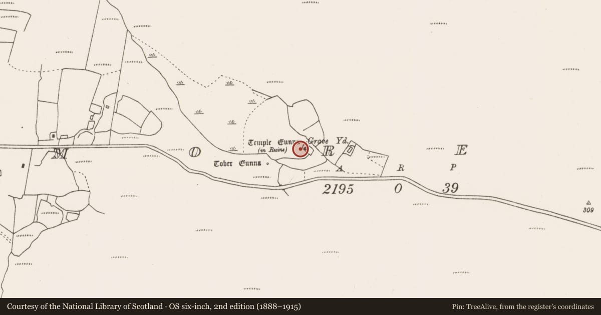Ordnance Survey six-inch map, 2nd edition (1888–1915) covering the location of Church, Bunmore West, County Mayo, with a pin at the register's coordinates