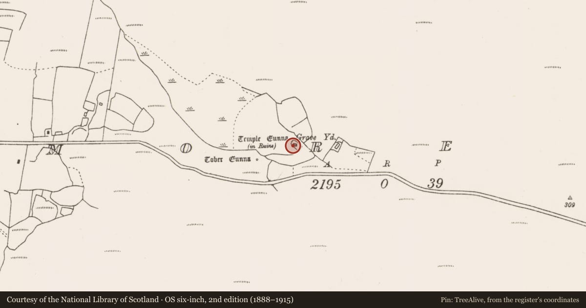 Ordnance Survey six-inch map, 2nd edition (1888–1915) covering the location of Graveyard, Bunmore West, County Mayo, with a pin at the register's coordinates