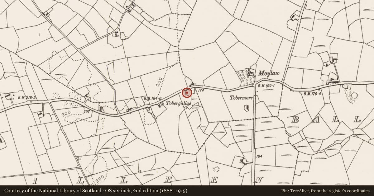 Ordnance Survey six-inch map, 2nd edition (1888–1915) covering the location of Enclosure, Carrowkeel (Tirawley By., Crossmolina. Par.), County Mayo, with a pin at the register's coordinates