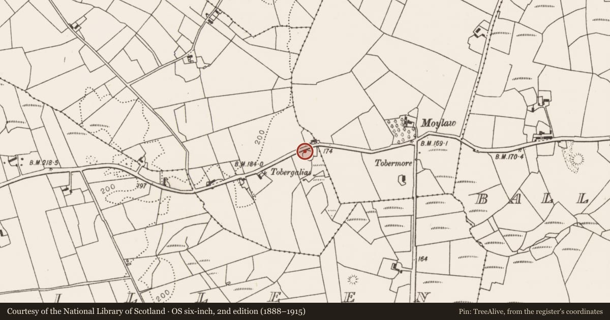 Ordnance Survey six-inch map, 2nd edition (1888–1915) covering the location of Children's burial ground, Carrowkeel (Tirawley By., Crossmolina. Par.), County Mayo, with a pin at the register's coordinates