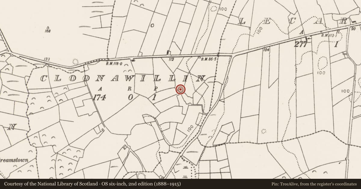 Ordnance Survey six-inch map, 2nd edition (1888–1915) covering the location of Ringfort - rath, Cloonawillin (Tirawley By., Crossmolina. Par.), County Mayo, with a pin at the register's coordinates