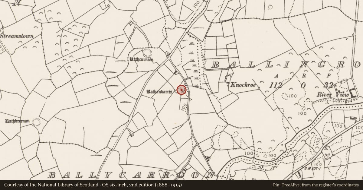 Ordnance Survey six-inch map, 2nd edition (1888–1915) covering the location of Ringfort - rath, Ballycarroon, County Mayo, with a pin at the register's coordinates