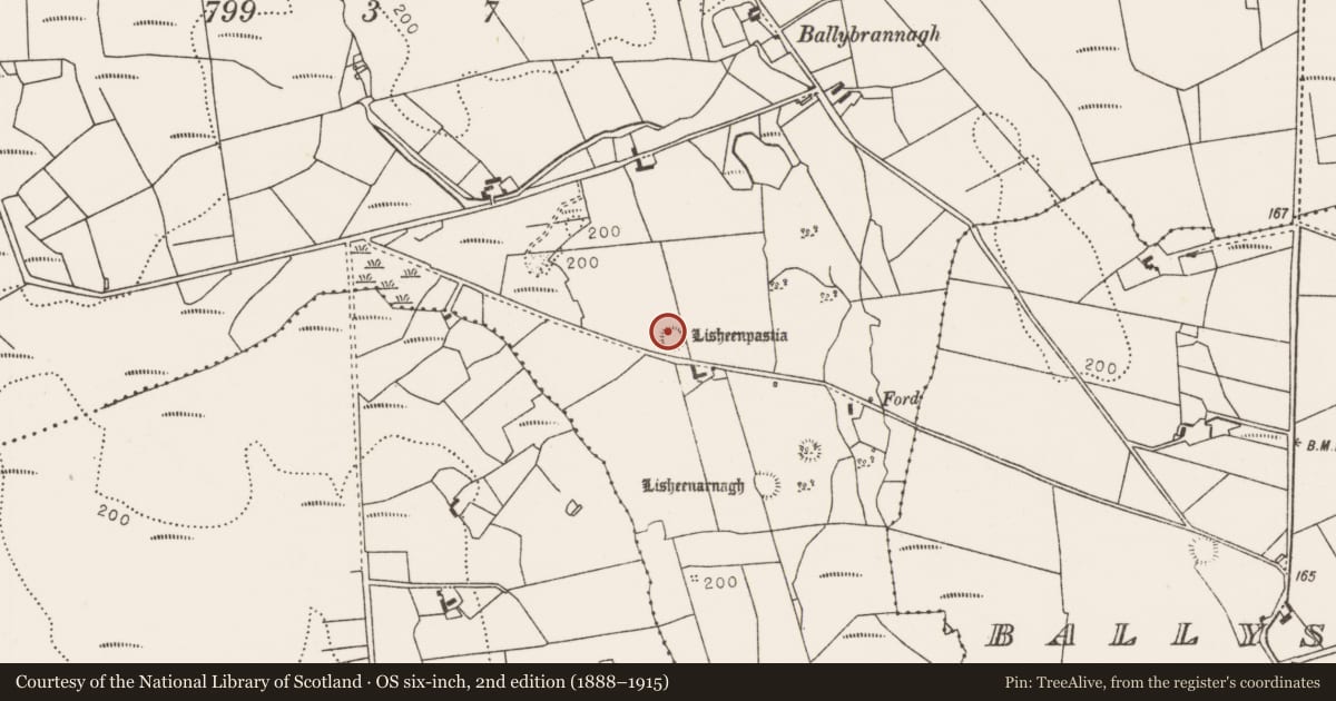 Ordnance Survey six-inch map, 2nd edition (1888–1915) covering the location of Children's burial ground, Carrowkilleen, County Mayo, with a pin at the register's coordinates