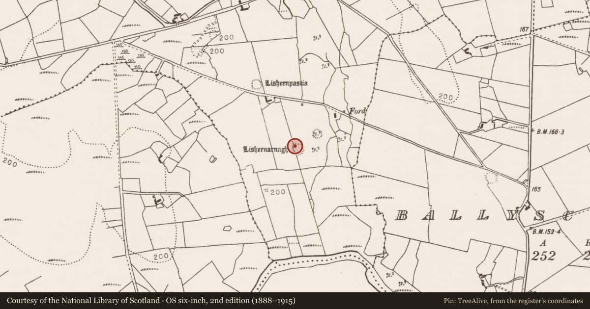 Ordnance Survey six-inch map, 2nd edition (1888–1915) covering the location of Children's burial ground, Carrowkilleen, County Mayo, with a pin at the register's coordinates